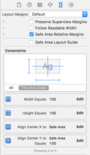The constraints inspector showing width and height constraints with a constant of 100, a center Y constraint with a constant of 100, and a center X constraint.