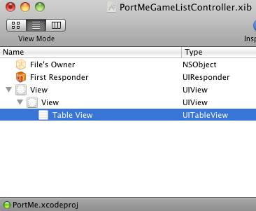 XIB settings for PortMe's List View Controller