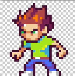 A pixel art game character with spikey brown hair, a green t-shirt, and jeans