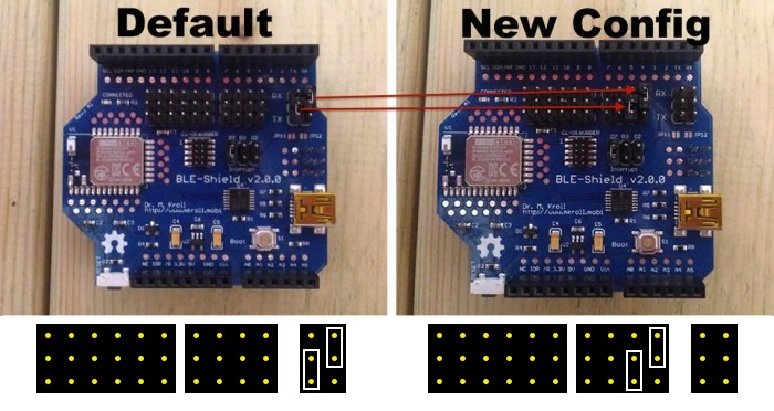 Move BLE Shield Jumpers RX and TX to the indicated positions.