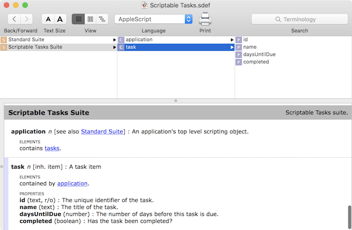 Making a mac app scriptable tutorial: Scriptable Tasks Dictionary 1