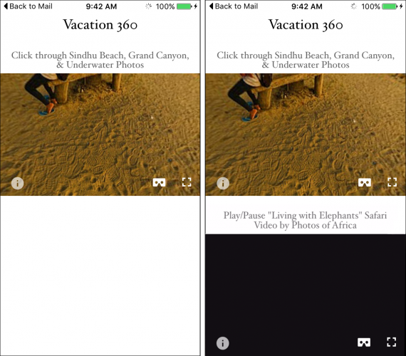 The VR views now appear after they load. (1) The image VR view has loaded. (2) The video VR view has also loaded.