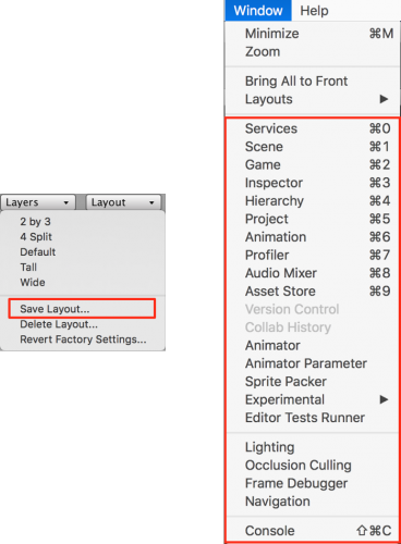 Layouts can be saved and recalled using the Layout button. Unity comes with a few pre-defined layouts, such as the 2 by 3 layout and Wide layouts. The Window option from the menubar provides a list of views that you can add to your editor.