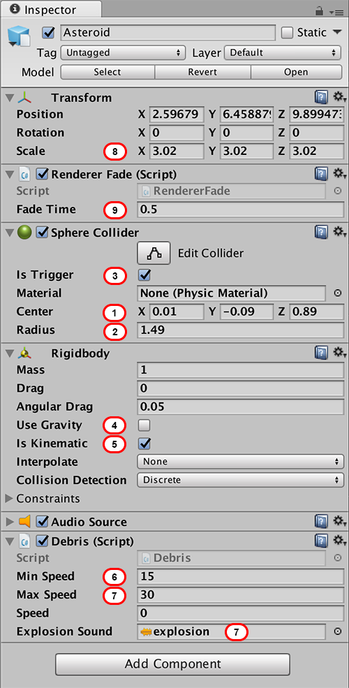 Asteroid GameObject Settings