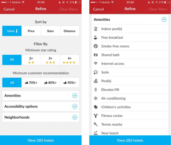 Hotwire prominently displays the most important considerations in choosing a hotel room, and hides the long lists of other options under an expand control.