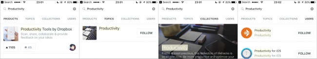 As the user types, ProductHunt provides four clear, overarching content categories in which they can search.