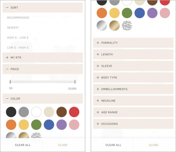 Because apparel has so many possible attributes, Rent the Runway uses the fullscreen pattern to show all the possible filtering options.