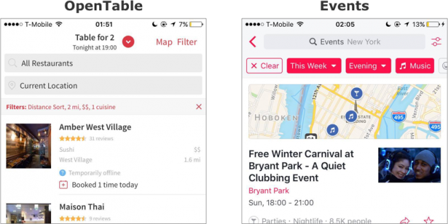 Both OpenTable and Events show the filters applied directly under the NavBar, where the user can hardly overlook them. Both offer an easy way to remove filters, but Events allows to remove them one-by-one as well. Events also makes changing important filters like Day and Time very easy and accessible.