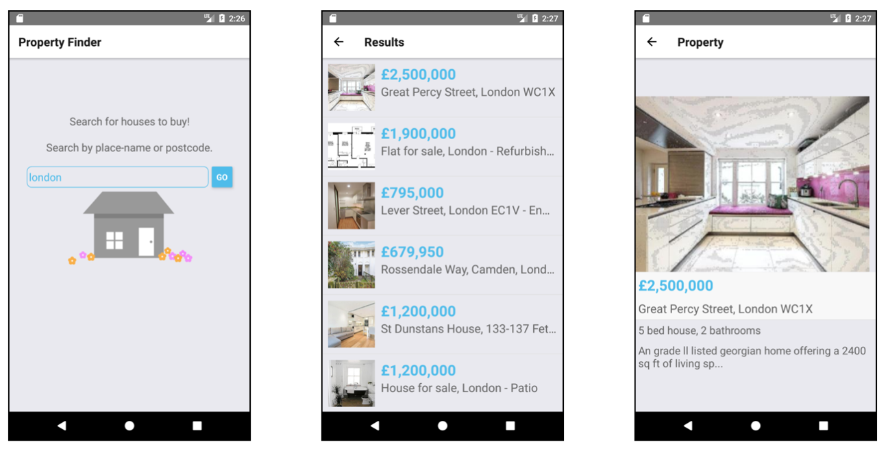 The tutorial takes you through the process of building an Android app for searching UK property listings