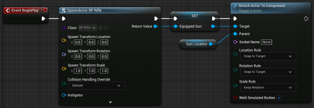 Final blueprint script for creating a gun when the game begins.