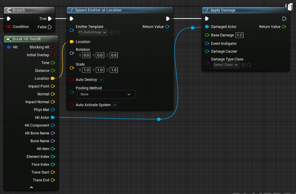 Connecting the Apply Damage node with the rest of the blueprint code.