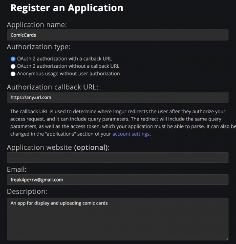 Registering a new Imgur application