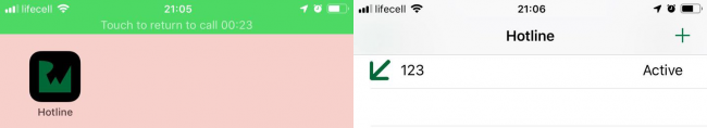 Both the home screen and the main screen of Hotline show the ongoing call.