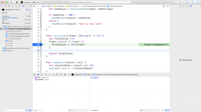 Breakpoint stop on calculateSum(items:)