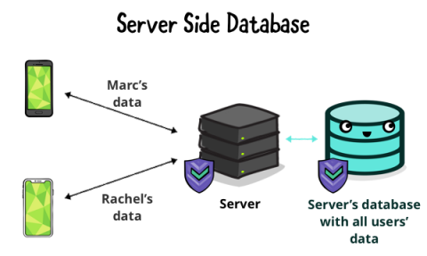 Server storing user data in a database only it can access