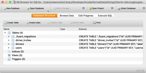 The four tables present in the starter project.