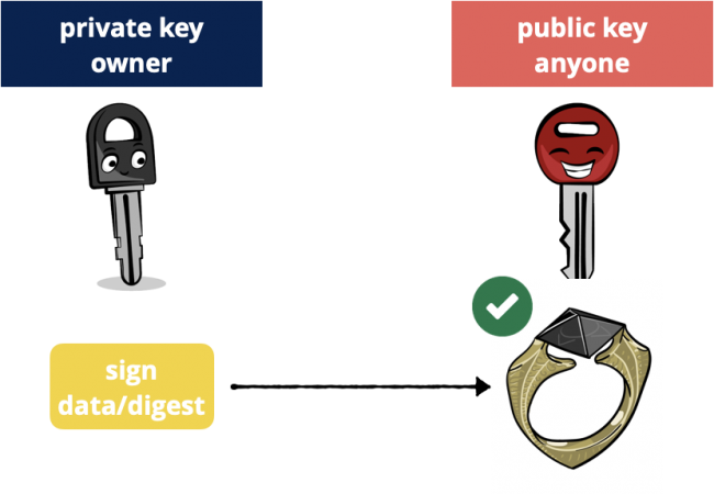 Public key cryptography: sign with private key, verify with public key.