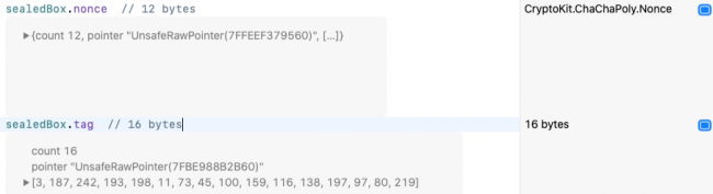 Sizes and contents of CryptoKit sealed box nonce and tag