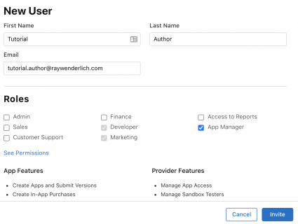 New Users page in App Store Connect, where you also assign roles