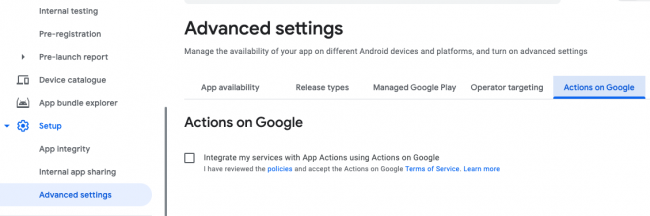 Actions on Google tab selected in Advanced Settings