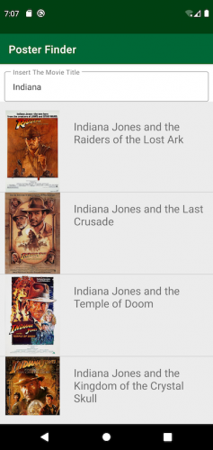 Poster Finder app showing posters for Indiana Jones movies