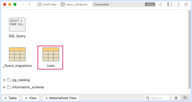 View of the database after the create tool migration runs.