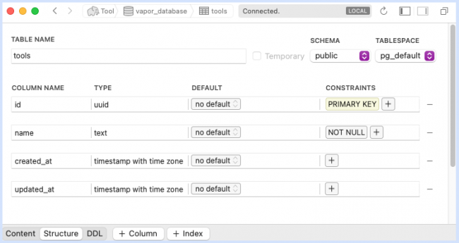 Structure of the tools table in the database.