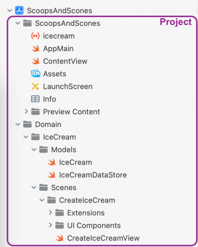 ScoopsAndScones project's group structure in Xcode, highlighting the project files in a purple rectangle