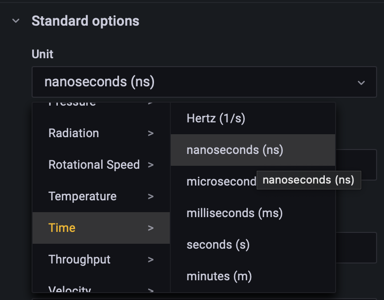 Grafana panel settings showing time units