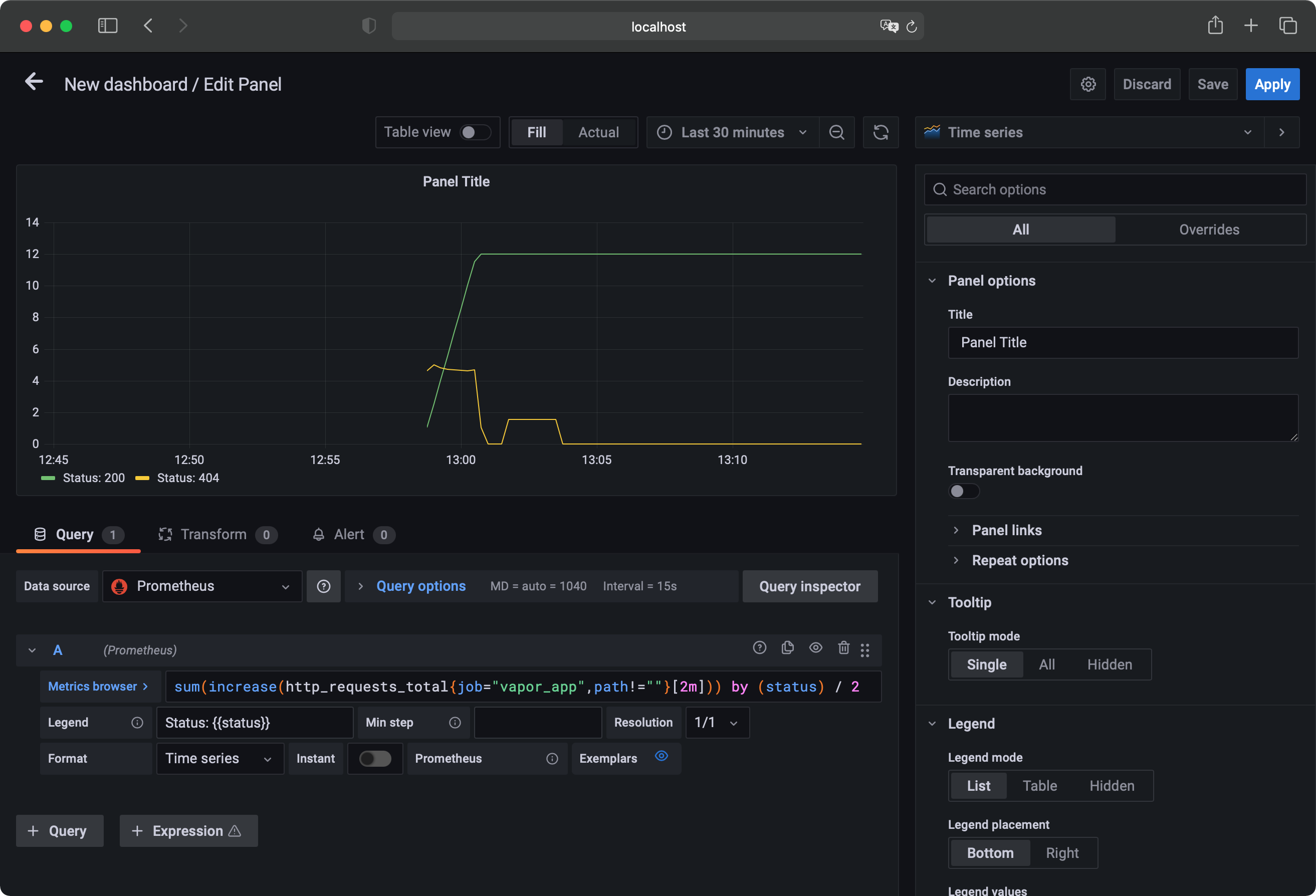 Grafana panel settings in Safari