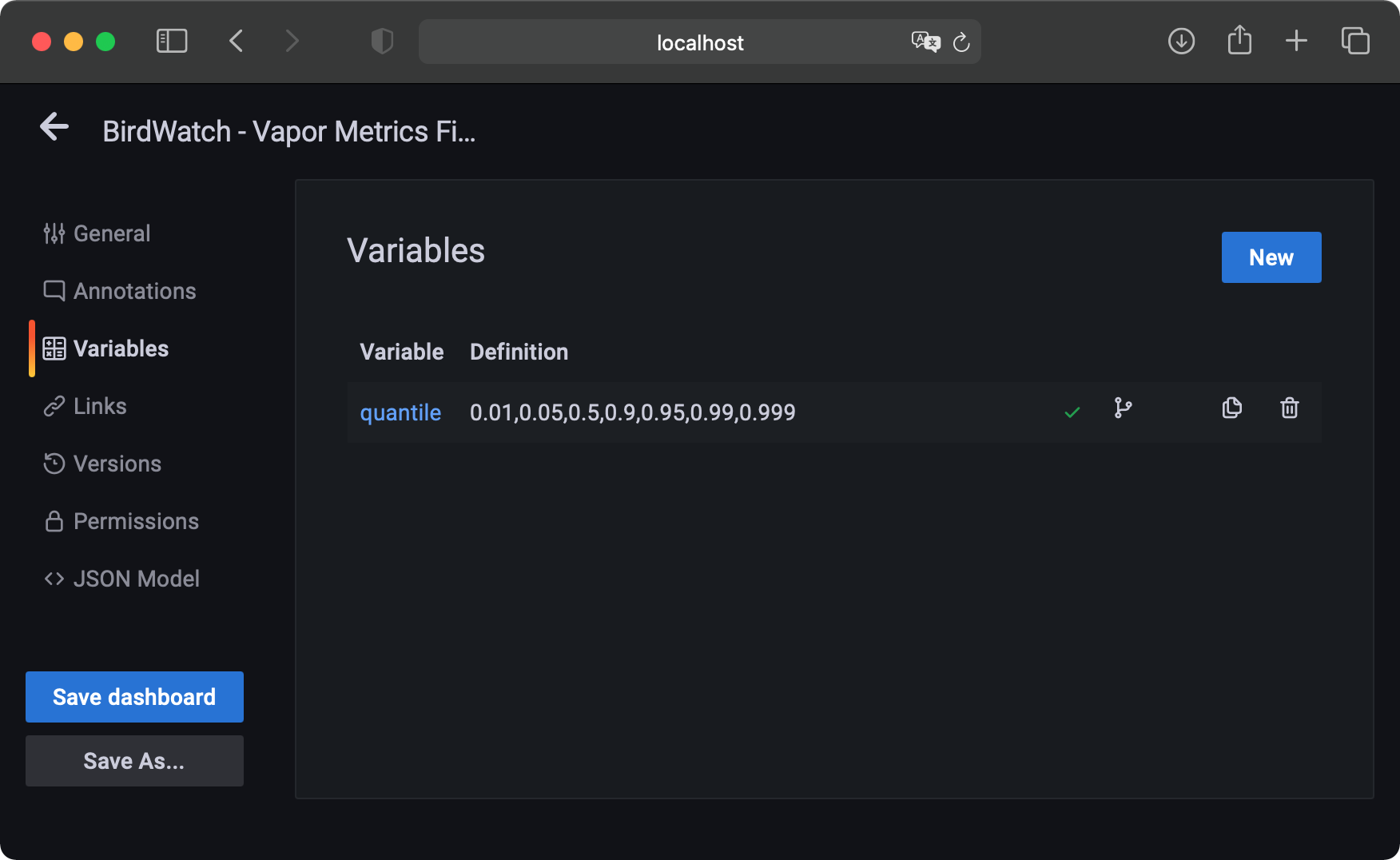 Grafana settings showing variables