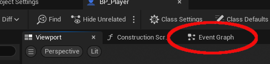 EventGraph tab location on the UE5 editor window.