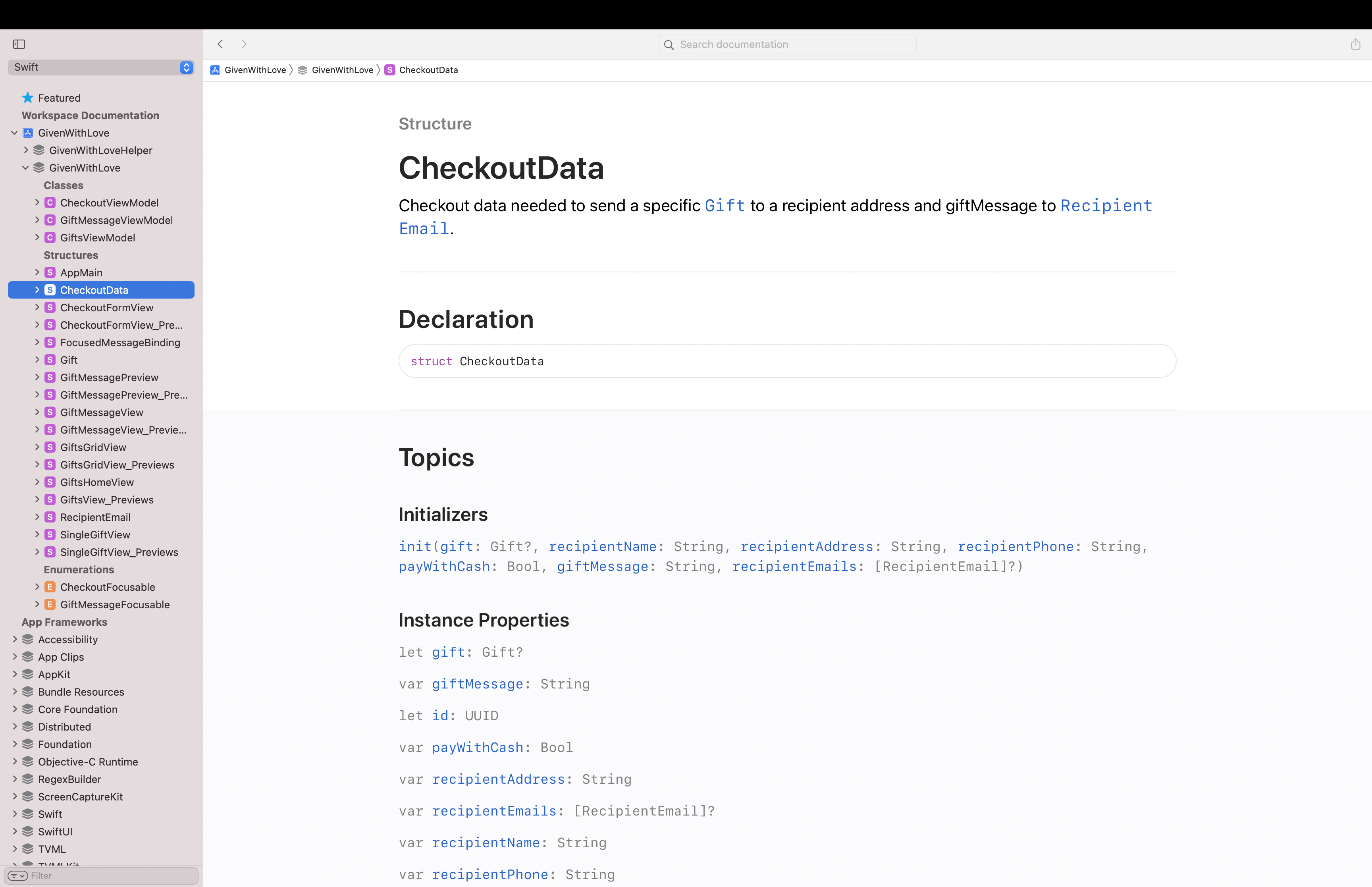 Preview of CheckoutData in documentation with symbol links